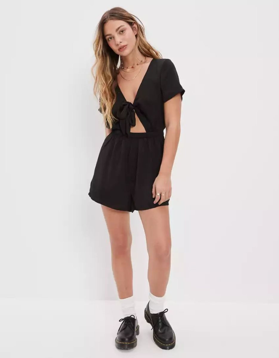 Robe Mi-longue American Eagle AE Tie-Front Romper Noir Femme | RUA-62392161